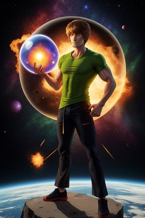 green shirt shaggy, muscular, energy aura around him, martial arts pose standing on a meteor, space background, holding an energy sphere on his hand, full body picture, high detail