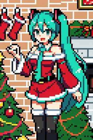 hatsune miku, santa claus outfit, sexy, front of christmas tree, pixel art