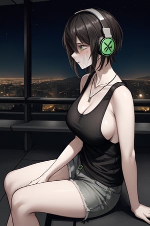 attractive woman, small size boobs, wearing a grey green tank top and necklace, using big headphones, short hair, white skin, crying melanolic, sitting at balchony, at night rining outside, city view. close up, Masterpiece, high detail
