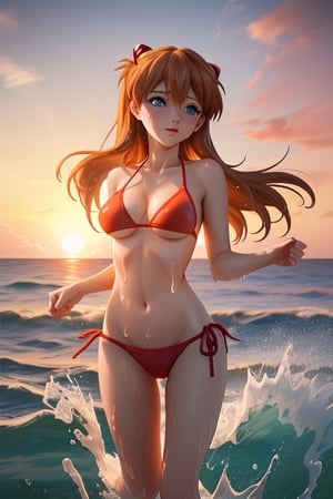 souryuuasukalangley wearing sexy bikini, wet body, splashing at the sea, moving hair, high detail, sunset, light particles, masterpiece
