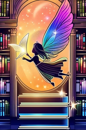 TinkerWaifu flying in a library, old books, fairy dust, soft ligth, sunset, curious looking, looking from behind, high detail, masterpice,DonMF41ryW1ng5XL