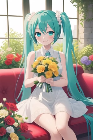 ,anzhcmiku wearing sleeveless white dress, sitting on couch, bouquet of flowers on hand, smiling, happy, high detail, masterpiece, sunny day, big window back, garden