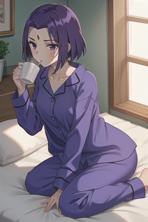 Raven wearing sexy purple pijama, at bed, drinking coffee, morning light, high detail, masterpiece