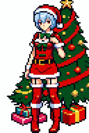 Rei Ayanami and asuka, santa claus outfit, sexy, front of christmas tree, pixel art