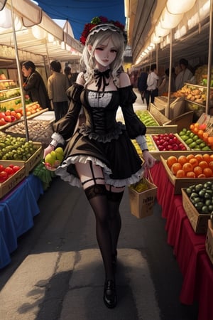 sexy gothic lolita, walking on a street market, people selling fruits, mexican tianguis. high detail, master piece