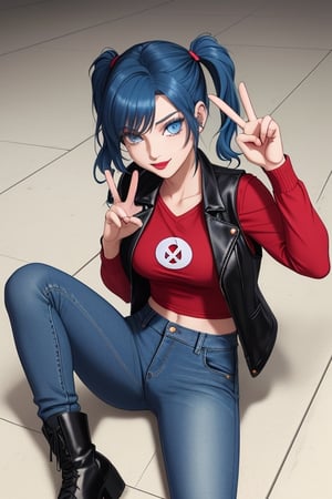  short blue hair, twin pigtails, blue eyes, red shirt long sleeve, leather vest, black denim jeans, goth boots, laying on floor doing peace sign
