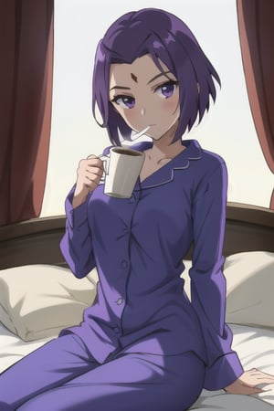 Raven wearing sexy purple pijama, at bed, drinking coffee, morning light, high detail, masterpiece