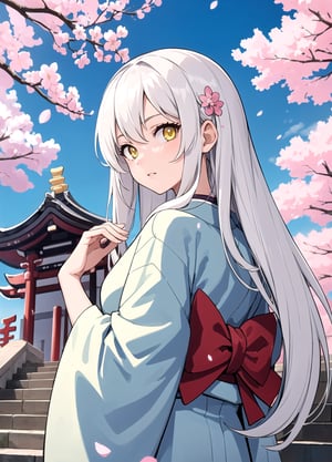 masterpiece, best quality, 1girl, yellow eyes, long hair, white hair, tree, stairs, standing, kimono, sky, cherry blossoms, temple, looking at viewer, upper body, from below, looking back,