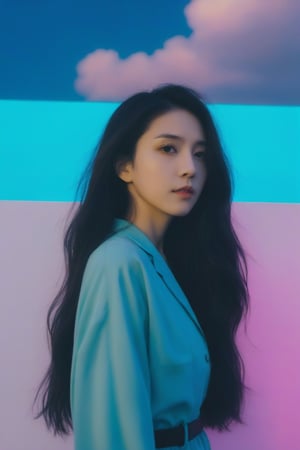 xxmixgirl, (masterpiece:1.0), (highest quality:1.12), (HDR:1.0), a girl with long hair looking at viewer, with a teal background and a indigo sky, constant, vaporwave colors, a character portrait, synchronization, detailed, realistic, 8k uhd, high quality
