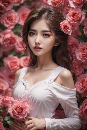 (masterpiece,best quality,realistic:1.2),a beautiful korean girl, white shirt ,flower, crop top, full body,（pink roses), 8k, beutiful eyes, detailed hands
,perfecteyes