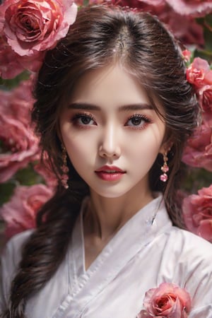 (masterpiece,best quality,realistic:1.2),a beautiful korean girl, white shirt ,flower, crop top,（pink roses), 8k, beutiful eyes, detailed hands
,perfecteyes