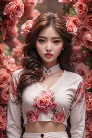 (masterpiece,best quality,realistic:1.2),a beautiful korean girl, white shirt ,flower, crop top, full body,（pink roses), 8k, beutiful eyes, detailed hands
,perfecteyes,close up