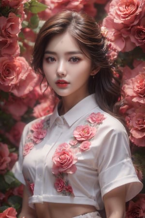 (masterpiece,best quality,realistic:1.2),a beautiful korean girl, white shirt ,flower, crop top,（pink roses), 8k, beutiful eyes, detailed hands
