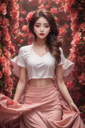 (masterpiece,best quality,realistic:1.2),a beautiful korean girl, white shirt ,flower, crop top,（pink roses), 8k, beutiful eyes, detailed hands

