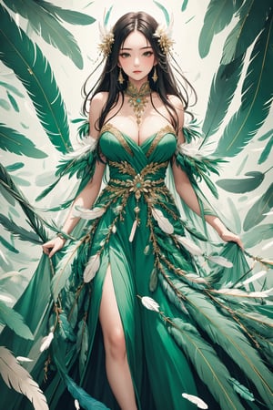 1girl,a gorgeous long dress made of feathers,green feather,huge feathers,complex background,beautiful background,(feathers everywhere:1.3),depth of field level,
