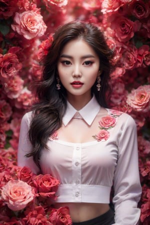 (masterpiece,best quality,realistic:1.2),a beautiful korean girl, white shirt ,flower, crop top, full body,（pink roses), 8k, beutiful eyes, detailed hands
,perfecteyes,close up,xxmixgirl
