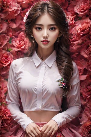 (masterpiece,best quality,realistic:1.2),a beautiful korean girl, white shirt ,flower, crop top,（pink roses), 8k, beutiful eyes, detailed hands
,perfecteyes