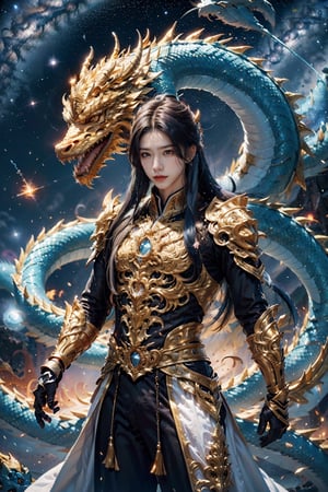 1boy,Emperor, long blue hair, blue armor, luminous magic, luminous golden dragon, starry sky, meteor,
