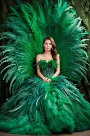 1girl,a gorgeous long dress made of feathers,green feather,huge feathers,complex background,beautiful background,(feathers everywhere:1.3),depth of field level,
