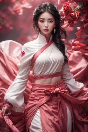 8k, RAW photo, best quality, masterpiece, realistic, 1girl, black hair, single hair bun, large breasts, navel, white clothes, chinese clothes, clothes pull, weapon, sword, snow, looking at viewer, cowboy shot, gufeng (pink rose)
