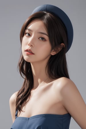 1girl, solo, gloves, dress, long hair, elbow gloves, blue dress, looking at viewer, brown eyes, brown hair, blue gloves, lips, bare shoulders, realistic, upper body, parted lips, black hair, collarbone, hat, grey background
