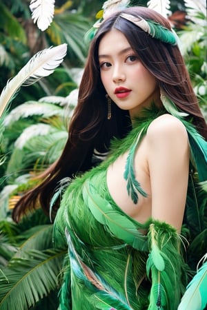 1girl,a gorgeous long dress made of feathers,green feather,huge feathers,complex background,beautiful background,(feathers everywhere:1.3),depth of field level,
