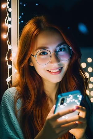  ((very grainy low resolution:1.2)) iphone mirror selfie redhead long flowing hair, woman holding iphone pro bedroom at night, cluttered, messy, ((petite)) slight smile, wearing glasses sitting, (soft lighting, fairy string lights,), low key dark lighting,
