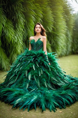 1girl,a gorgeous long dress made of feathers,green feather,huge feathers,complex background,beautiful background,(feathers everywhere:1.3),depth of field level,
