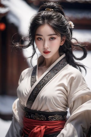 8k, RAW photo, best quality, masterpiece, realistic, 1girl, black hair, single hair bun, large breasts, navel, white clothes, chinese clothes, clothes pull, weapon, sword, snow, looking at viewer, cowboy shot, gufeng
