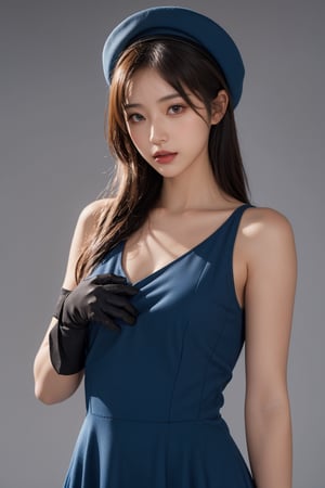 1girl, solo, gloves, dress, long hair, elbow gloves, blue dress, looking at viewer, brown eyes, brown hair, blue gloves, lips, bare shoulders, realistic, upper body, parted lips, black hair, collarbone, hat, grey background