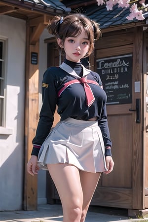 (plump:5.0, fat:2.0, big_tits:1.9, tight thighs,wide hips,bulging belly ), kinomoto sakura, 1girl, brown hair, short hair, antenna hair, two side up, hair bobbles, green eyes, school uniform, white sailor collar, black shirt, long sleeves, white skirt, pleated skirt