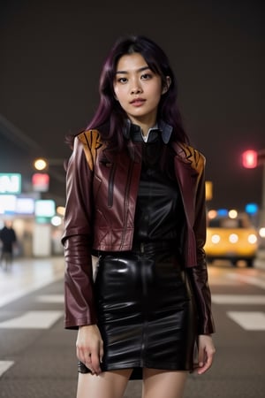 misato katsuragi, pale_skin:1.0,  intense_purple_hair:2.0, (mizuki_beautiful_young_face):1.8,georgus, full body,  red jacket,black_pencil_skirt:1.5, black_dress,
,perfecteyes