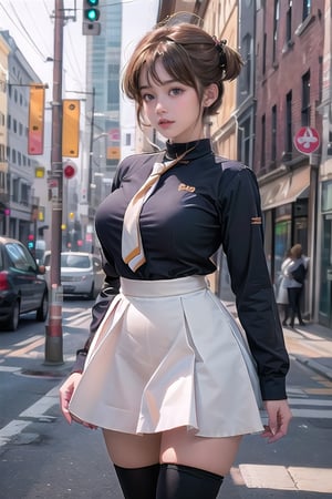 (plump:2.0, fat:2.0, big tits, tight thighs,wide hips), kinomoto sakura, 1girl, brown hair, short hair, antenna hair, two side up, hair bobbles, green eyes, school uniform, white sailor collar, black shirt, long sleeves, white skirt, pleated skirt