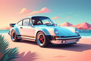 artwork graphic design, flat design of one retro ,retro car ,Porsche 930 car ,colorfull shades, highly detailed clean, photorealistic masterpiece, professional photography, sunrise beach backdrop ,flat white background, isometric, vibrant vector((city background))