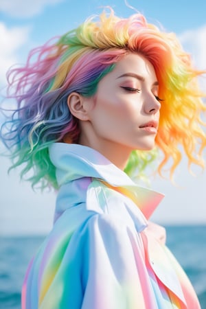 (masterpiece, best quality, anime), beautiful woman, upper body shot, eyes closed, rainbow hair, rainbow body, rainbow transparent coat,3d style