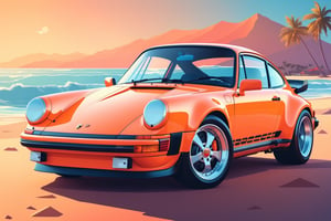 artwork graphic design, flat design of one retro ,retro car ,Porsche 930 car ,colorfull shades, highly detailed clean, photorealistic masterpiece, professional photography, sunrise beach backdrop ,flat white background, isometric, vibrant vector((city background))