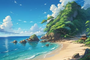 painting of beach, tropical, bright, anime background art, relaxing concept art, anime scenery concept art, immensely detailed scene, a beautiful artwork illustration, detailed scenery, studio ghibli environment, environment design illustration, highly detailed scene, beautiful anime scene, anime scenery, detailed soft painting, ghibli studio style, environment painting,EpicSky,