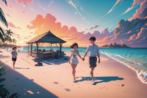 award winning photography, | bungalow, sunstet, sunset time, outdoors, tropical island, beach scenery, | hyperealistic shadows, Children , Couple walking on the beach,High detailed 