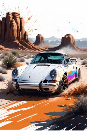 Centered image, bits of color, hand drawn, realistic sketch, Rough sketch, bold lines, splash art, Artwork design, white background, vehicle Porsche , desert, sunrise, flat illustration, high contrast, vibrant vector, vector image, 8k,dripping paint