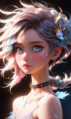 Portrait of 1 girl in a mid shot,featuring blue eyes,colored skin,facial mark,sporting a hair ornament,adorned with a choker and a tattoo,short hair with long strands cascading down,all set against a stark black background, digital painting,ultra fine,cinematic,golden ratio,High detailed,Disney pixar style,Dragon,crystalz,Extremely Realistic,ice and water