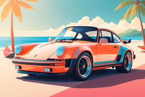 artwork graphic design, flat design of one retro ,retro car ,Porsche 930 car ,colorfull shades, highly detailed clean, photorealistic masterpiece, professional photography, sunrise beach backdrop ,flat white background, isometric, vibrant vector((city background))