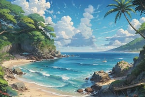 painting of beach, tropical, bright, anime background art, relaxing concept art, anime scenery concept art, immensely detailed scene, a beautiful artwork illustration, detailed scenery, studio ghibli environment, environment design illustration, highly detailed scene, beautiful anime scene, anime scenery, detailed soft painting, ghibli studio style, environment painting,EpicSky,