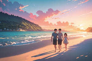 award winning photography, | bungalow, sunstet, sunset time, outdoors, tropical island, beach scenery, | hyperealistic shadows, Children , Couple walking on the beach,High detailed 