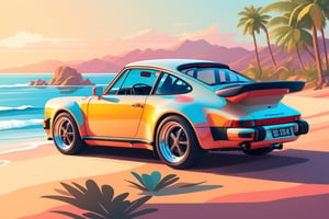 artwork graphic design, flat design of one retro ,retro car ,Porsche 930 car ,colorfull shades, highly detailed clean, photorealistic masterpiece, professional photography, sunrise beach backdrop ,flat white background, isometric, vibrant vector((city background))