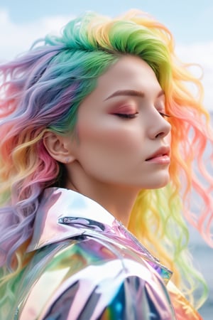 (masterpiece, best quality, anime), beautiful woman, upper body shot, eyes closed, rainbow hair, rainbow body, rainbow transparent coat,3d style