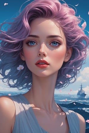 (Highest picture quality), (Prioritizing the exceptional image quality and astonishing level of detail), generate an awe-inspiring (photorealistic:1.1) a female,on ship,wind,missing someone sadly, petals,artwork portrait, adam hughes, sexy,Film Still,4nime style,greg rutkowski,xray,vaporwave style