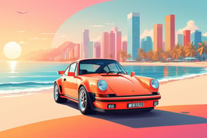 artwork graphic design, flat design of one retro ,retro car ,Porsche 930 car ,colorfull shades, highly detailed clean, photorealistic masterpiece, professional photography, sunrise beach backdrop ,flat white background, isometric, vibrant vector((city background))