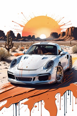 Centered image, bits of color, hand drawn, realistic sketch, Rough sketch, bold lines, splash art, Artwork design, white background, vehicle Porsche , desert, sunrise, flat illustration, high contrast, vibrant vector, vector image, 8k,dripping paint