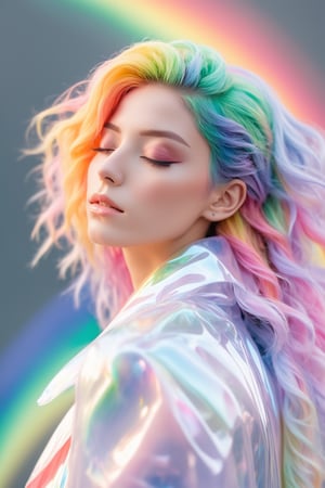 (masterpiece, best quality, anime), beautiful woman, upper body shot, eyes closed, rainbow hair, rainbow body, rainbow transparent coat,3d style