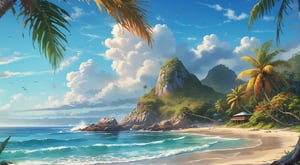 (fulldetail), (4k), 8k,long beach, tropical, bright,background art, relaxing concept art, immensely detailed scene, a beautiful artwork illustration, EpicSky,